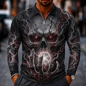 Halloween Men's Cool Skulls Zip Polo Shirts Long Sleeve Polo Shirts Lapel Casual Horror Dark Outdoor Festival Outfit 3D Print Fall  Winter 1# 2# 3#
