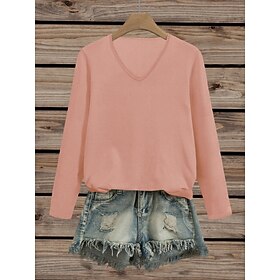 Women's Pullover Sweater Jumper Casual Solid Color V Neck Textured Long Sleeve Regular Tops Knit Blue Black Fall Winter