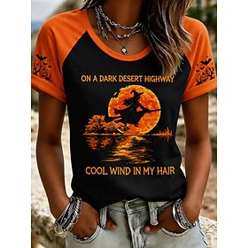 Halloween Women's T Shirt Print Graphic Letter Witch Vintage Stylish Classic Short Sleeve Crew Neck Regular Tops Casual Daily Black Orange Green Summer Spring