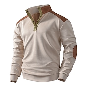 Men's Sweatshirt Pullover Button Up Hoodie Khaki Dark Gray Standing Collar Color Block Patchwork Daily Sports  Outdoor Holiday Streetwear Sportswear Casual Fal