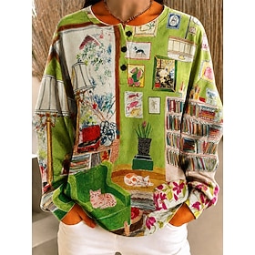 Women's Pullover Sweatshirt Print Graphic Geometric Warm Active Vintage Long Sleeve Crew Neck Round Neck Regular Tops Casual Street Dailywear Blue Yellow Green