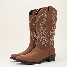 Men's Brown Western Cowboy Boots, Pointed-Toe Pull-On Mid-Calf Boots with Flame Embroidery for Country Gentlemen, Riding, Rodeos, Concerts and Festivals