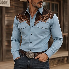 Men's FloralPlants Cowboy Western Shirt Button Up Shirt Long Sleeve Vintage Western Casual Daily Spring Fall Winter Collared Shirts Retro Graphic Blue
