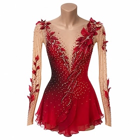 Figure Skating Dress Women's Ice Skating Dress Red Patchwork Asymmetric Hem Stretchy Training Competition Skating Wear Classic Crystal / Rhinestone Long Sleeve