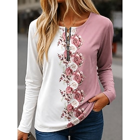 Women's T Shirt Zipper Print Floral Graphic Stylish Classic Casual Long Sleeve Crew Neck Regular Tops Casual Daily Going out Blue Pink Purple Green Spring Fall