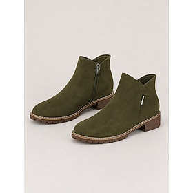 Women's Olive Green Faux Suede Ankle Boots, Round Toe Side Zipper Booties with Low Block Heel and Lug Sole for Casual Fall Winter Everyday Walking and Travel