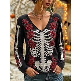 Halloween Women's T Shirt Print Graphic Skeleton Vintage Stylish Casual Long Sleeve V Neck Regular Tops Casual Daily Red Green Fall Winter