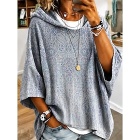 Women's Pullover Hoodie Sweatshirt Patchwork Print Graphic Geometric Paisley Casual 3/4 Length Sleeve Hooded Long Tops Casual Street Dailywear Yellow Green Rai