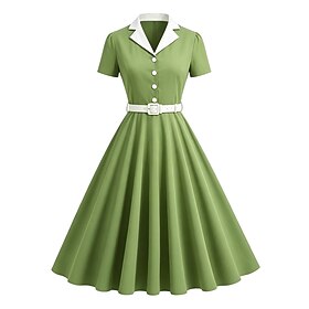 1950s Retro Vintage Rockabilly Midi Dress Normal T-shirt Sleeve High Waist Fit and Flare Solid Color Fit  Flare Turndown Fancy Dress Women's Halloween Carnival