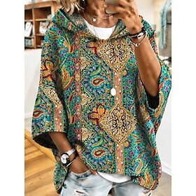Women's Pullover Hoodie Sweatshirt Patchwork Print Graphic Geometric Paisley Casual 3/4 Length Sleeve Hooded Long Tops Casual Street Dailywear Green Spring Fal