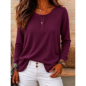 Women's Waffle Shirt Washed Cotton 100% Cotton Pullover Solid Color Casual Long Sleeve Henry Collar Regular Tops Casual Black Dark Green Brick red Dark Blue Be