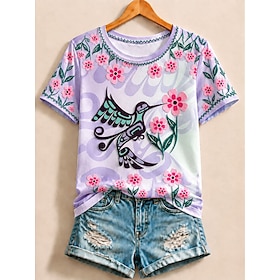 Women's 100% Cotton T Shirt Print Floral Graphic Bird Vintage Stylish Classic Short Sleeve Crew Neck Regular Tops Casual Daily Weekend Blue Purple Green Summer
