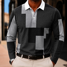 Men's Color Block Geometic Polo Shirts Long Sleeve Polo Shirts Lapel Casual Outdoor Athleisure Daily Wear 3D Print Buttons Fall  Winter Blue Purple Gray
