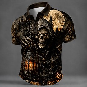 Halloween Men's Skull Polo Shirts Short Sleeve Polo Shirts Collared Shirts Casual Athleisure 3D Print Buttons Spring Summer Orange Brown