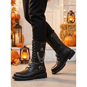 Men's Black Halloween Combat Boots, Lace-Up Mid-Calf Boots with Chain, Stud and Buckle Details for Punk Men, Costume Parties, Cosplay and Gothic Events