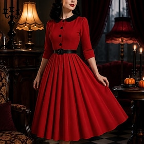 1950s Retro Vintage Midi Dress Normal T-shirt Sleeve With Belt Solid Color Fit  Flare Round Neck Fancy Dress Women's Halloween Carnival Casual Prom Party Adult