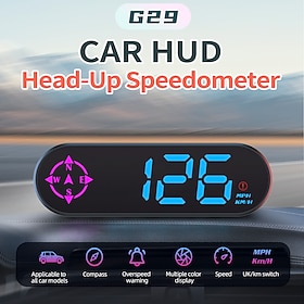 G29 Universal GPS Car HUD Head-Up Display with Digital Speedometer, Compass, Speeding and Fatigue Alerts, Driving Distance and Time, USB Plug-and-Play Dashboar