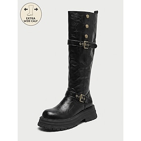 Women's Black Extra Wide Calf Knee-High Boots - Faux Leather Buckle Lug Sole Platform Shoes for Work, Shopping Daily Wear