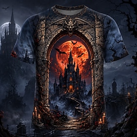 Halloween Men's Castle Skulls T Shirt Short Sleeve T shirt 3D Print Crew Neck Shirt Exaggerated Designer Horror Club Party Street 1 2 Summer Spring All Seasons