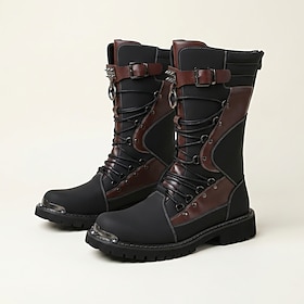 Men's Black and Brown Knee-High Biker Boots, Lace-Up Motorcycle Boots with Buckle Strap, Metal Toe Cap and Rugged Lug Sole for Edgy Men, Riding, Rock Events an