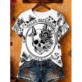Halloween Women's 100% Cotton T Shirt Print Floral Graphic Skull Vintage Stylish Classic Short Sleeve Crew Neck Regular Tops Casual Daily Weekend White Gray Su