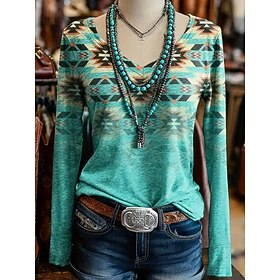 Women's T Shirt Print Graphic Tribal Stylish Classic Casual Long Sleeve V Neck Regular Tops Casual Daily Green Spring Fall