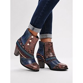 Women's Vintage Multicolor Floral Embossed Faux Leather Ankle Boots, Side Zip, Almond Toe, Chunky Block Heel Boho Western Booties for Casual Wear, Travel  Fest