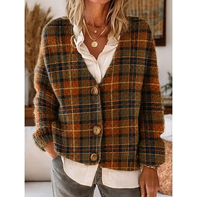 Women's Sweater Cardigan Elegant Vintage Fashion Geometric Plaid V Neck Patchwork Pocket Knitted Long Sleeve Regular Tops Knit Daily Outdoor Weekend Brown Gree