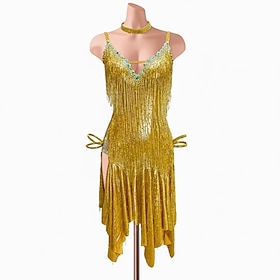 Women's Gold Rhinestone Fringe Latin Dance Dress Spaghetti Strap Deep V Asymmetric Hem Ballroom Competition Performance Dress