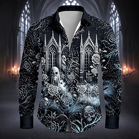 Halloween Men's Skull Rose Shirt Button Up Shirt Long Sleeve Dark Gothic Style Streetwear Holiday Spring Fall Turndown 3D Print Collared Shirts Blue Black Purp