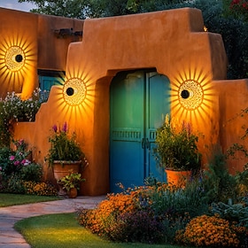 2 Pcs Outdoor Solar Mandala Metal Hollow Projection Wall Lights, IP44 Waterproof, Warm White Light, Garden, Patio, Fence, Pathway, Wall Decor, Landscape Lighti