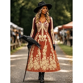 Halloween Women's Maxi Dress A Line Dress Vacation Vintage Casual Floral Graphic Abstract Long Sleeve V Neck Yellow Red Green Summer Spring Fall Winter