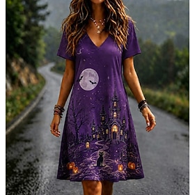 Halloween Women's Midi Dress A Line Dress Casual Beach Graphic Animal Cat Short Sleeve V Neck U Neck Purple Fall Winter