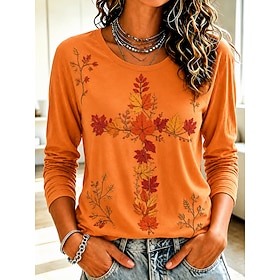 Women's T Shirt Print Graphic Plants Fashion Classic Casual Long Sleeve Crew Neck Regular Tops Casual Daily Weekend Wine Orange Beige Spring Fall