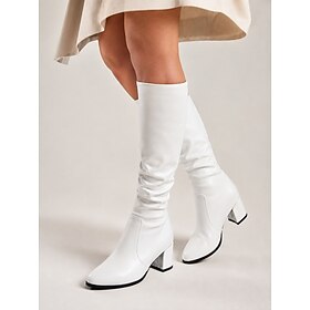 Women's White Faux Leather Knee High Boots, Pointed Toe Slouchy Boots with Chunky Block Heel for Fall Winter Office, Party and Streetwear