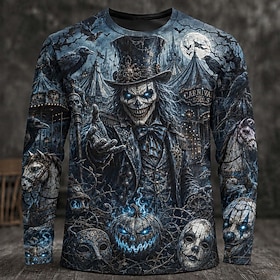 Halloween Men's Skull Pumpkin Monster T Shirt Long Sleeve T shirt 3D Print Crew Neck Shirt Fashion Exaggerated Casual Daily Street Blue 3# Blue 2# Blue 1# Summ
