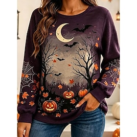 Halloween Women's Pullover Sweatshirt Print Graphic Pumpkin Casual Long Sleeve Crew Neck Regular Tops Casual Street Holiday Purple Fall Winter