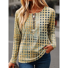 Women's T Shirt Zipper Print Graphic Geometric Stylish Classic Casual Long Sleeve Crew Neck Regular Tops Casual Daily Weekend Blue Yellow Purple Green Spring F