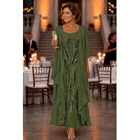 A-Line Ankle Length Mother of the Bride Dress Half Sleeve Square Neck Elegant Vintage Luxurious Formal Wedding Guest Wedding Party Chiffon Lace with Beading Ap