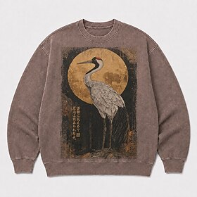 Men's Vintage Japanese Crane Graphic Washed Crew Neck Sweatshirt