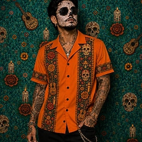 Halloween Men's Skull Shirt Casual Shirt Cuban Collar Shirt Short Sleeve Horror Dark Streetwear Club Party Summer Spring Cuban Collar 3D Print Orange