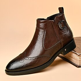 Men's Brown Buckle Chelsea Boots, Vintage Brogue Side-Zip Dress Boots for Mature Men, Business, Weddings and Evening Events