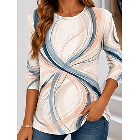 Women's T Shirt Print Graphic Abstract Fashion Stylish Classic Long Sleeve Crew Neck Regular Tops Casual Daily Weekend Blue Green Apricot Summer Spring Fall