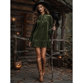 Halloween Women's Mini Dress Velvet Dress Elegant Fashion Daily Vacation Loose Fit Plain Long Sleeve Lace Up Neck Blue Green Fall Winter