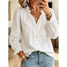 Women's Blouse Ruched Embroidered Print Ombre Floral Active Vacation Tropical Long Sleeve V Neck Regular Tops Casual Daily Holiday White Summer Spring Fall