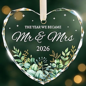 Mr and Mrs Crystal Glass Heart Ornament 2026, Wedding Gifts for Couples, Newlywed Keepsake with Eucalyptus Design, Bride Groom Bridal Shower Gift, Christmas Tr