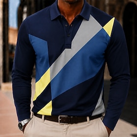 Men's Color Block Geometic Polo Shirts Long Sleeve Polo Shirts Lapel Casual Outdoor Athleisure Daily Wear 3D Print Buttons Fall  Winter Blue Navy Blue Purple