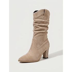 Women's Slouchy Mid Calf Boots with Ruched Shaft and Block Heel, Comfortable Pull On Western Boots for Fall Casual Street Style