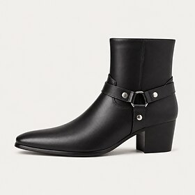 Zwarte leren enkellaarsjes voor heren – laarzen met gesp, spitse neus en blokhak, nette laarzen voor heren, geschikt voor smart casual, kantoor en een avondje