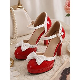 Women's Red White 1950s Vintage Heels - Bow Scalloped Platform Mary Jane Shoes for Rockabilly Parties, Weddings Special Events